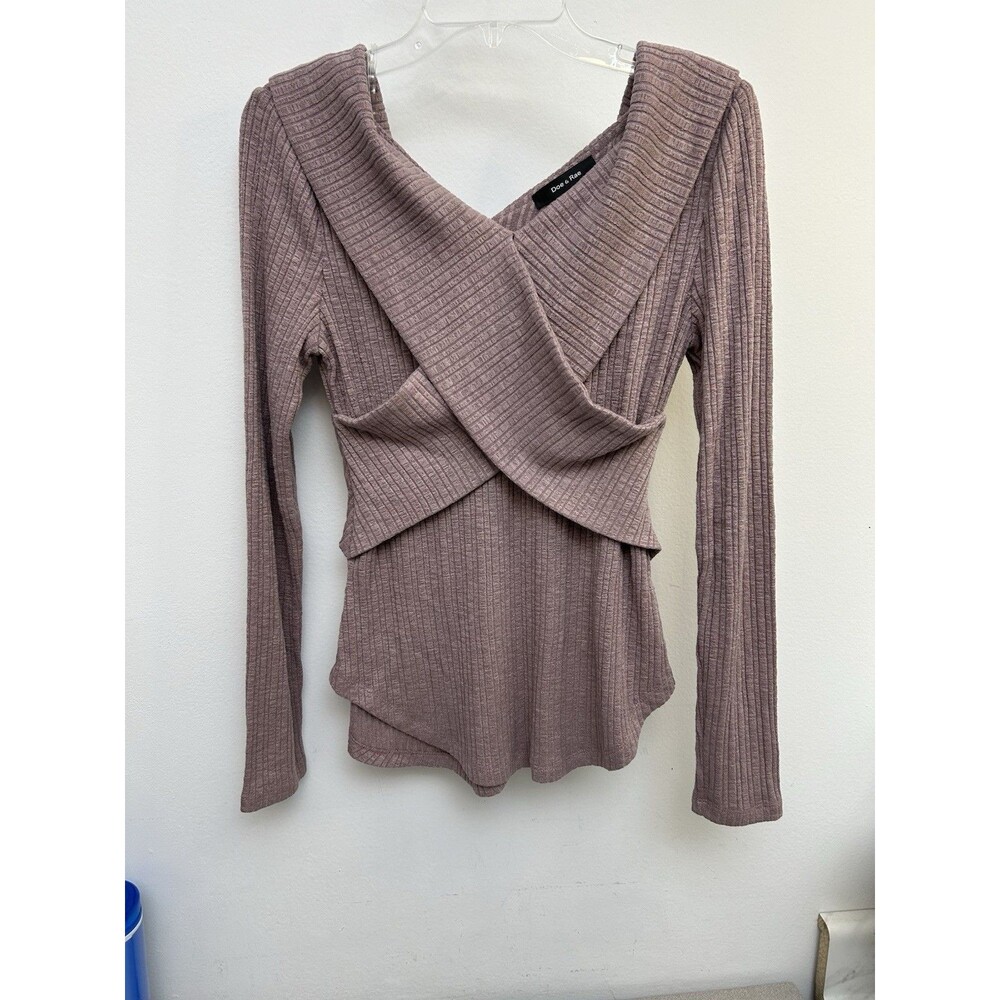 Doe and Rae Sweater Ribbed V Neck‎ Crossover Long Sleeve Dusty Rose Size Small